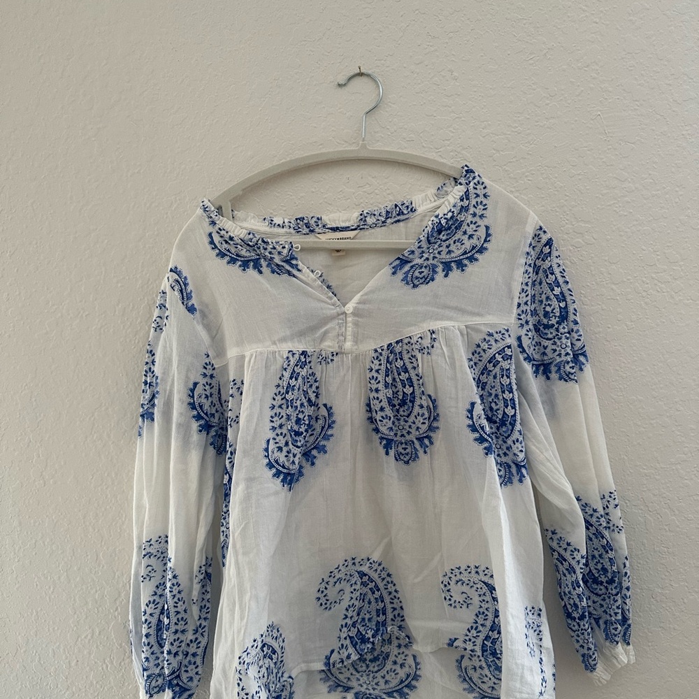Luck Brand Blue Paisley Print Women’s Peasant Top - White Blue